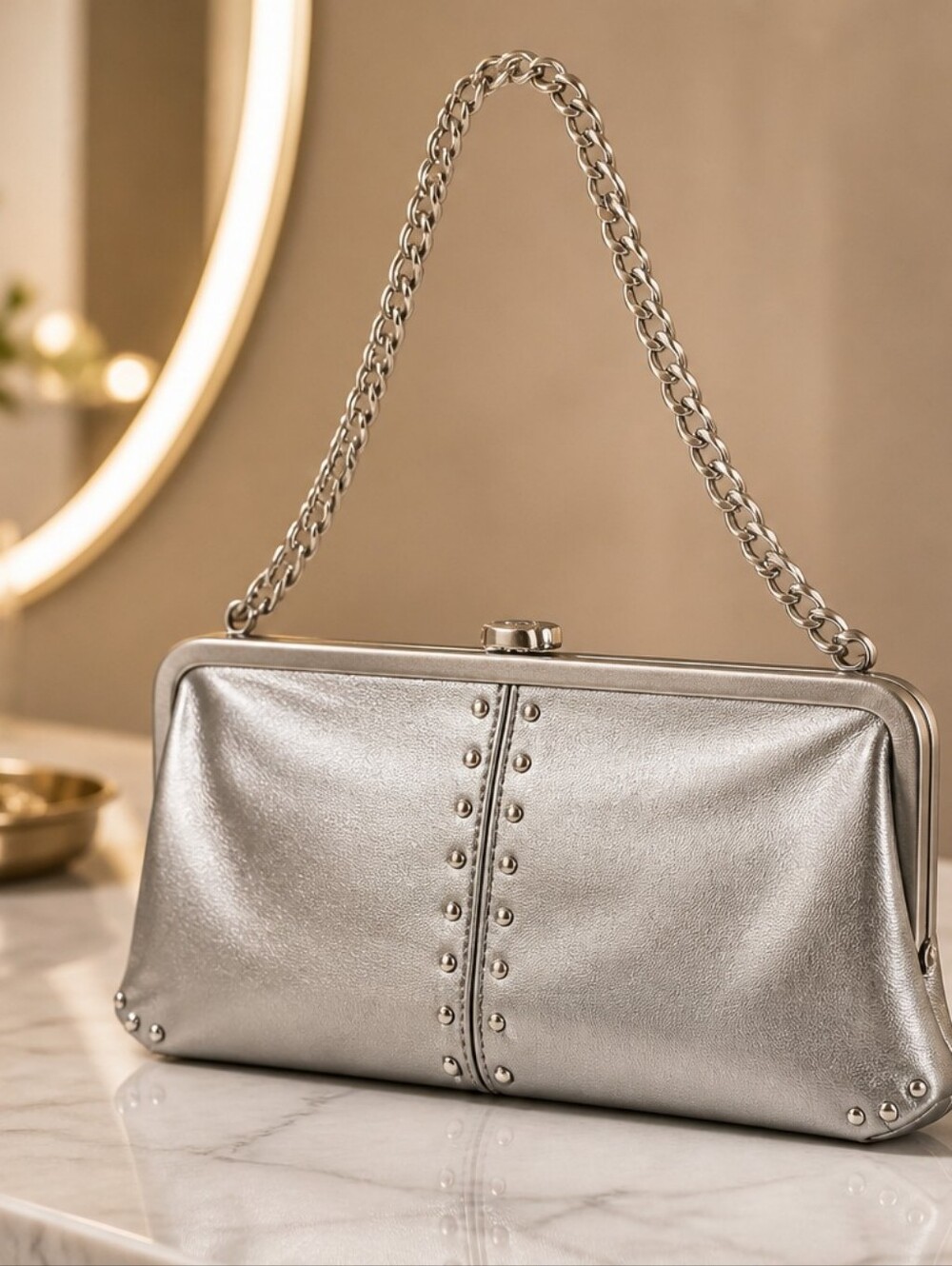 Michael Kors Collection Metallic Silver Studded Chain-Handle Clutch